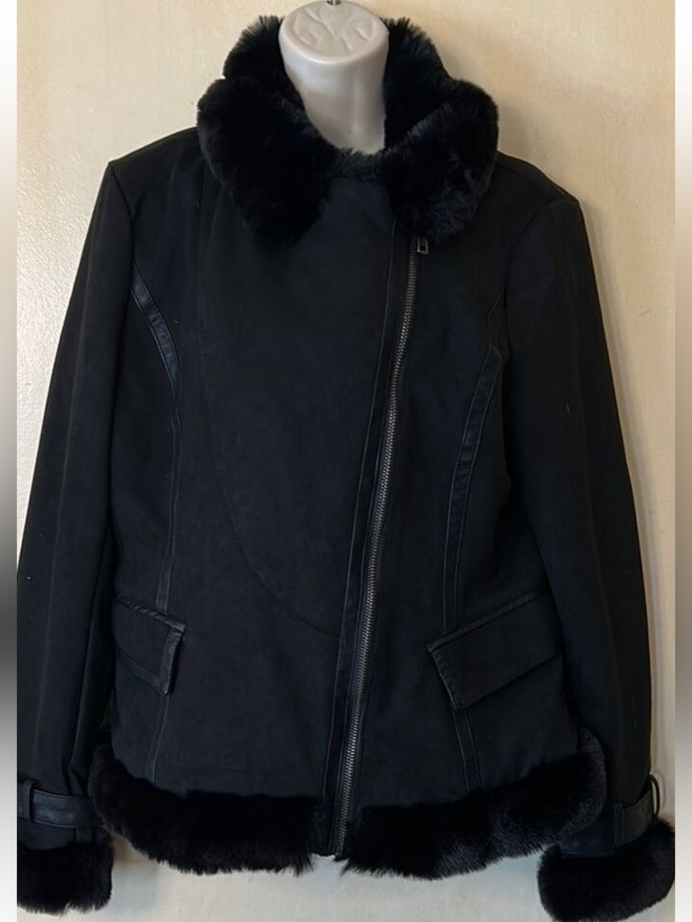 LA Coalition Black Faux Suede Bomber Jacket with Faux Fur Trim size XXL